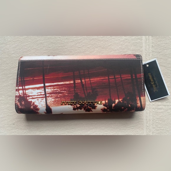 JUICY COUTURE Palm Tree Clutch, Tropical, Redish-Orangey Pink, 10” x 5”, NEW - Picture 2 of 12